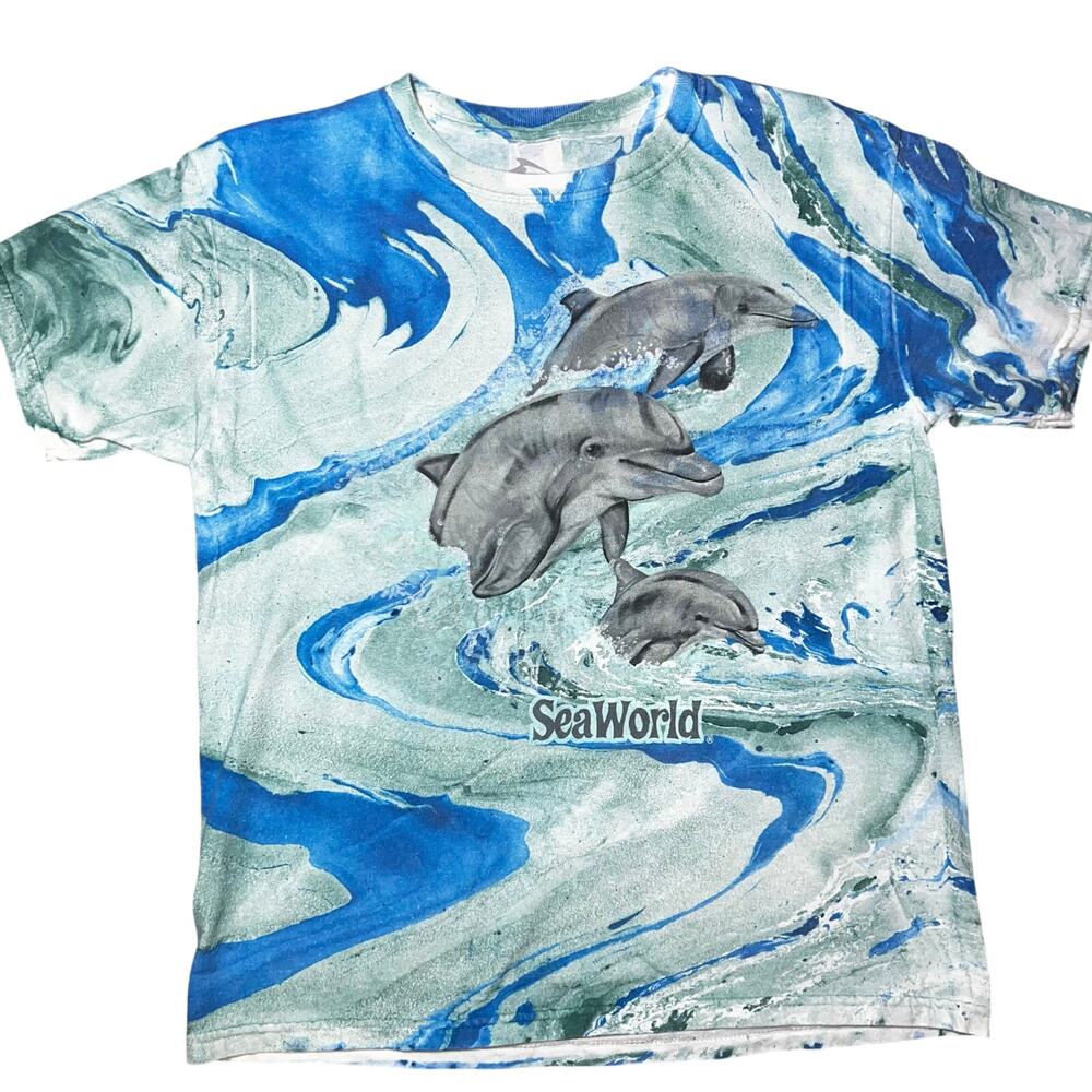 Seaworld Dolphin Ocean Splash Tie Dye Short Sleeve Shirt Youth Med AOP Nature